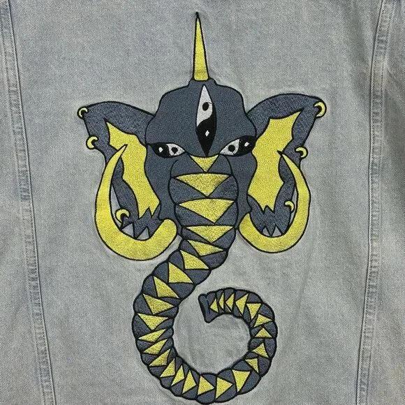 Pance News Denim Trucker Jacket Womens 3XL Light Blue Embroidered Elephant Rare - Picture 8 of 12
